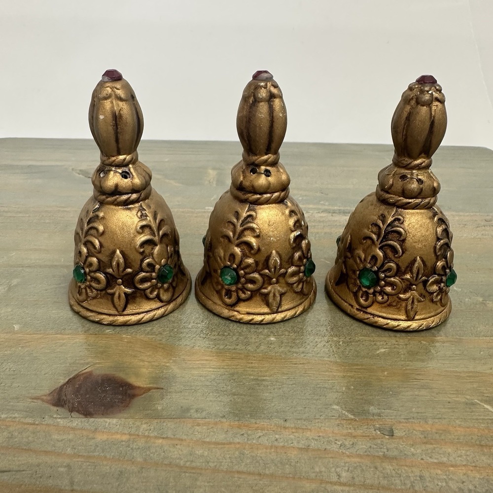 Vintage Lefton Japan Lot / 3 Gold Ornate Chalkware Christmas Bells Foil stickers